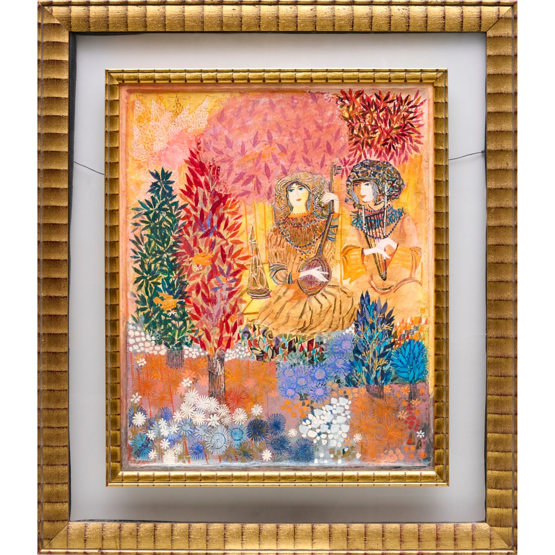 Gertrude Barrer, mixed media on board: Gertrude Barrer, mixed media on board, Gertrude Barrer (American, 1921-1992), Female Musicians, oil and gouache, signed "Barrer" at lower left, 21.5"h x 16.5"w (sight), 29.75"h x 25.75"w (frame)