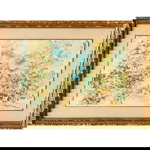 Chaim Gross, watercolor on paper, 1951: Chaim Gross, watercolor on paper, 1951, Chaim Gross (American, 1902-1991), Park Scene, watercolor and ink, dated and signed "'51 Chaim Gross" lower right, blind stamp lower left, 14.5"h x 23.25"w (she