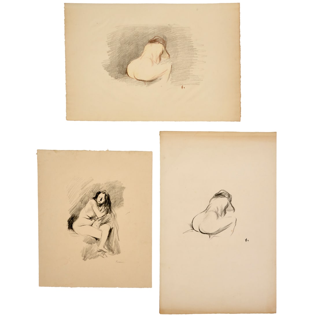 Jean-Louis Forain, (3) lithograph, proofs on paper: Jean-Louis Forain, (3) lithograph, proofs on paper, Jean-Louis Forain (French, 1852 - 1931), Untitled (Seated Nude), signed lower right, with two Untitled (Study of Nude from Behind), c. 1900, unsigne