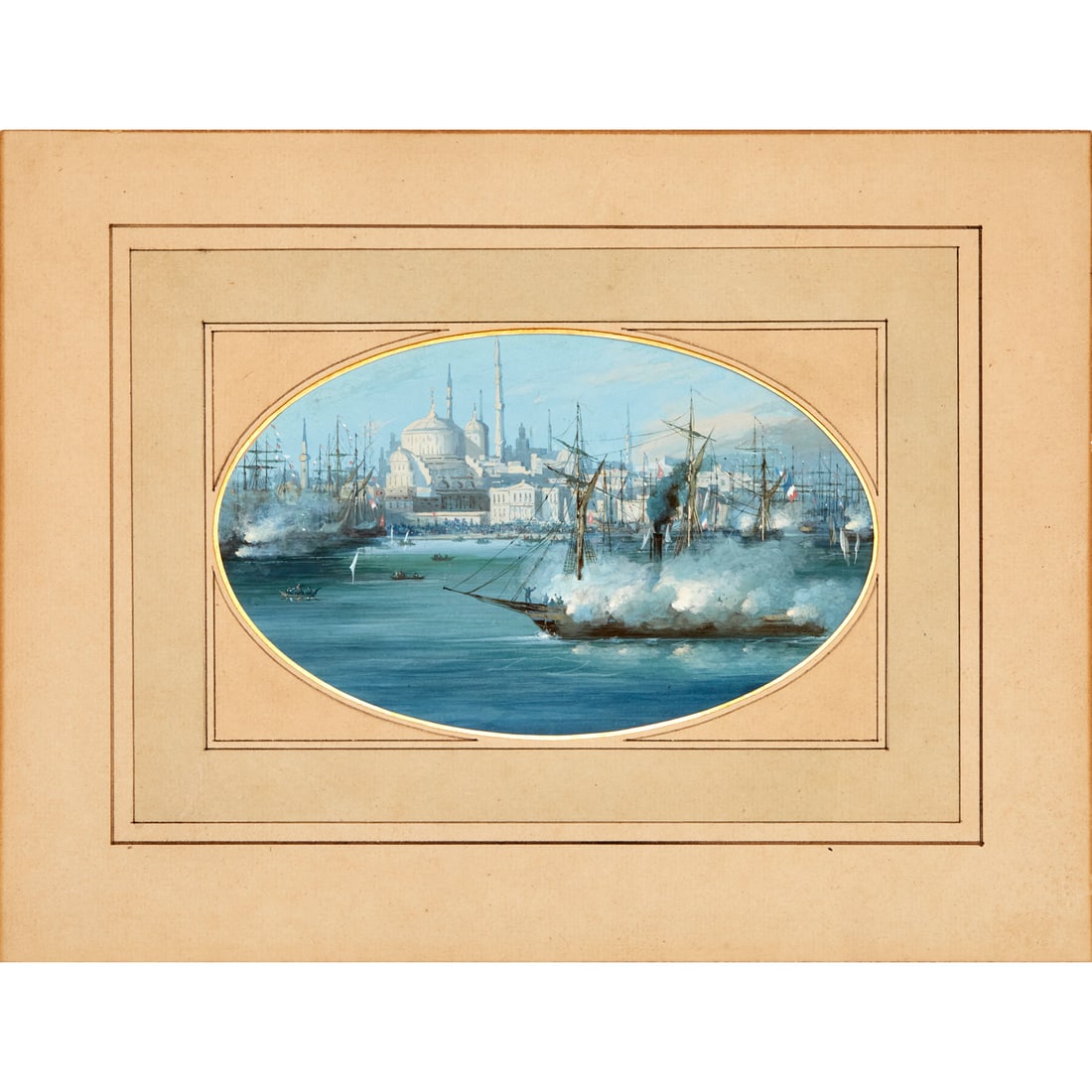 Karl Kaufmann (manner), gouache on paper: Karl Kaufmann (manner), gouache on paper, Manner of Karl Kaufmann (Austrian, 1843-1901), Harbor Scene, possibly Constantinople, no signature observed, paper trimmed to oval and mounted on card, adhere