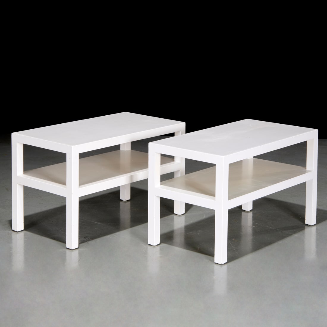 Pair custom white lacquer parsons tables (1 of 6)