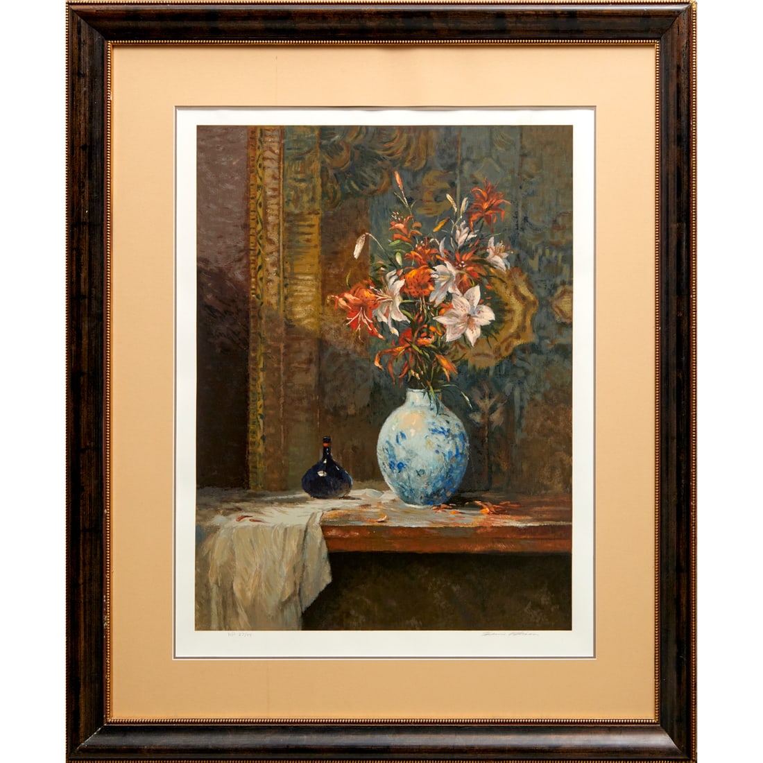 Henri Plisson, large artist's proof serigraph: Henri Plisson, large artist's proof serigraph, Henri Plisson (American, 1933-2006), "Fleur Tigre", pencil signed and numbered "AP 27/44" lower margin, matted and framed under glass, 40"h x 30.25"w (si