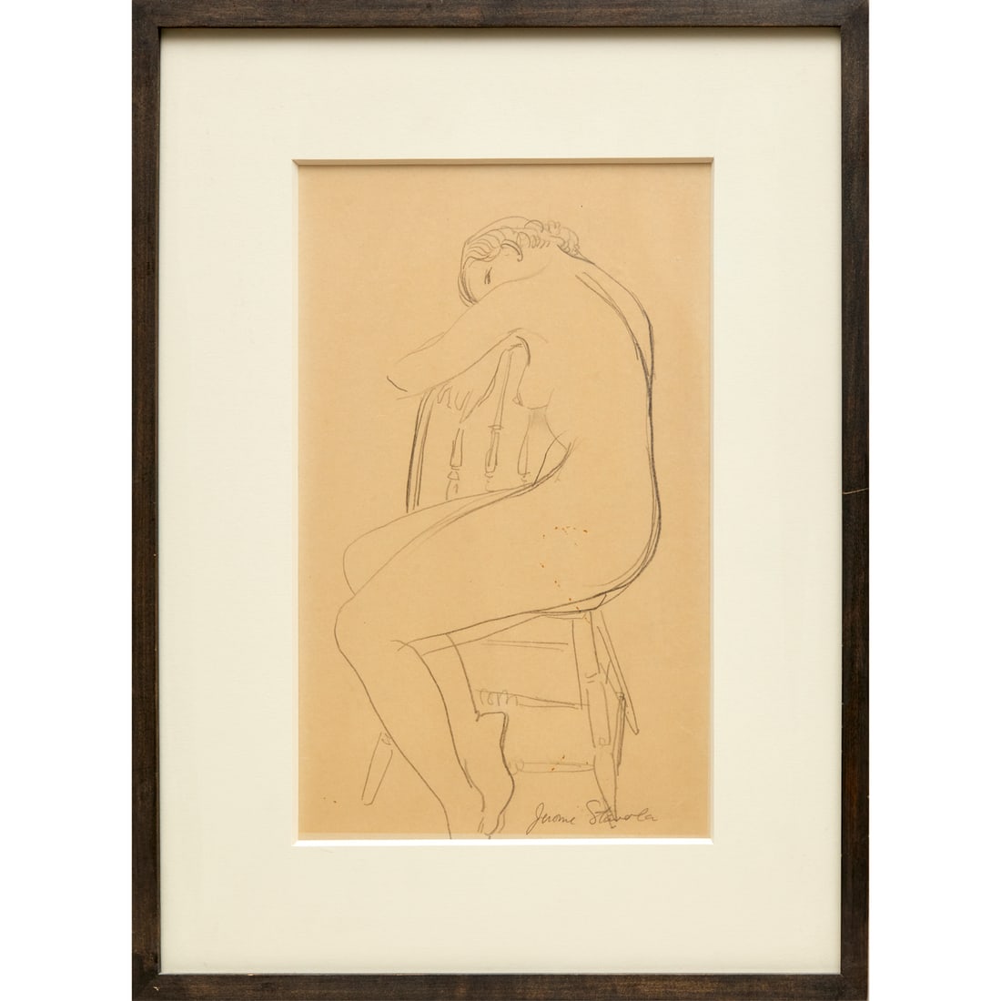 Jerome Stavola, graphite drawing: Jerome Stavola, graphite drawing, Jerome Stavola (American, 1904-1984), Seated Nude Female, signed "Jerome Stavola" at lower right, 12.5"h x 7.5"w (sight), 18.75"h x 13.75"w (frame) Provenance: A Bill