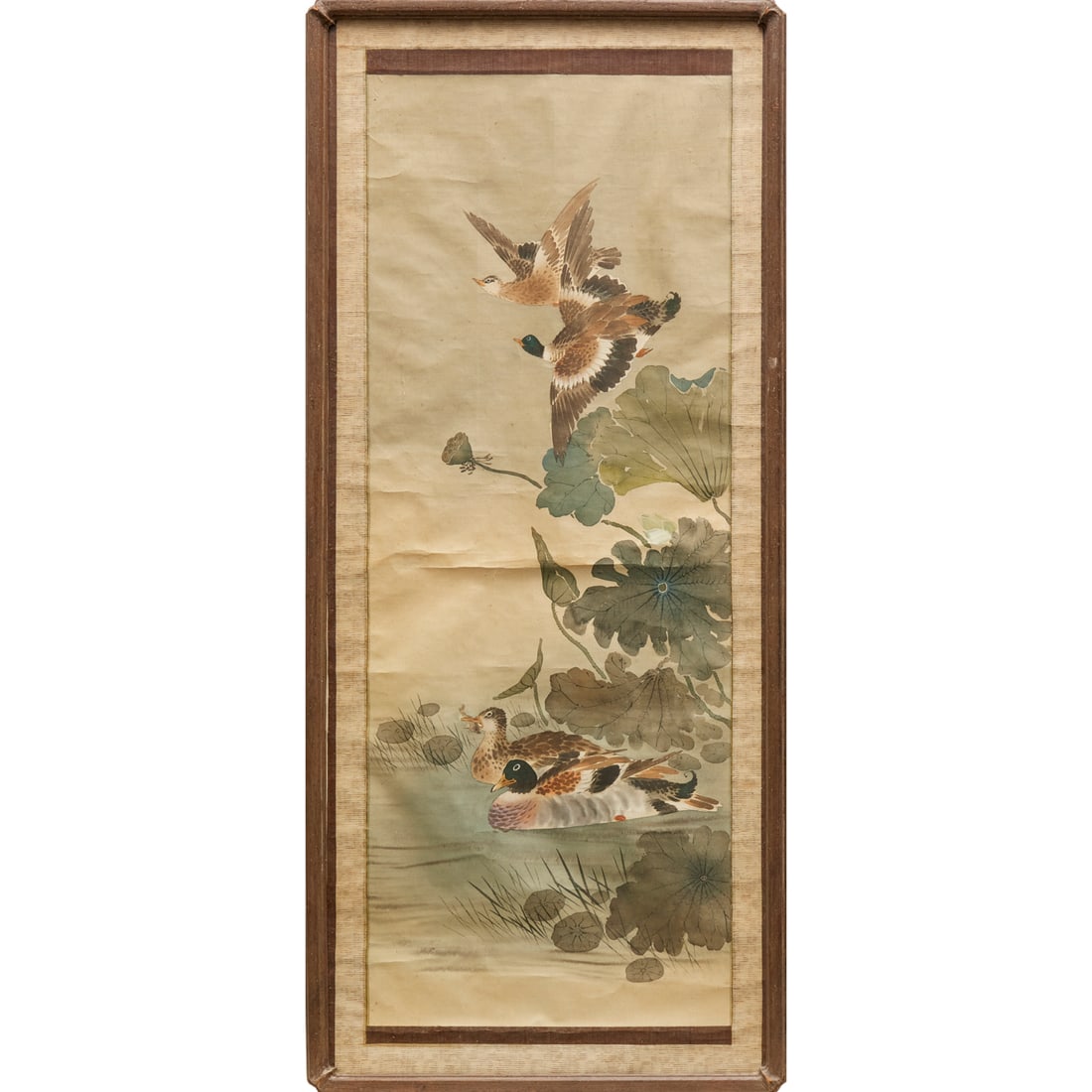Manner of Jingzhao, scroll painting: Manner of Jingzhao, scroll painting, Manner of Jingzhao (Chinese, early Ming dynasty, 1368-1644), Mandarin ducks, ink and watercolor on silk, framed under glass, 44.5"h x 17"w (image), 51.5"h x 22.5"w