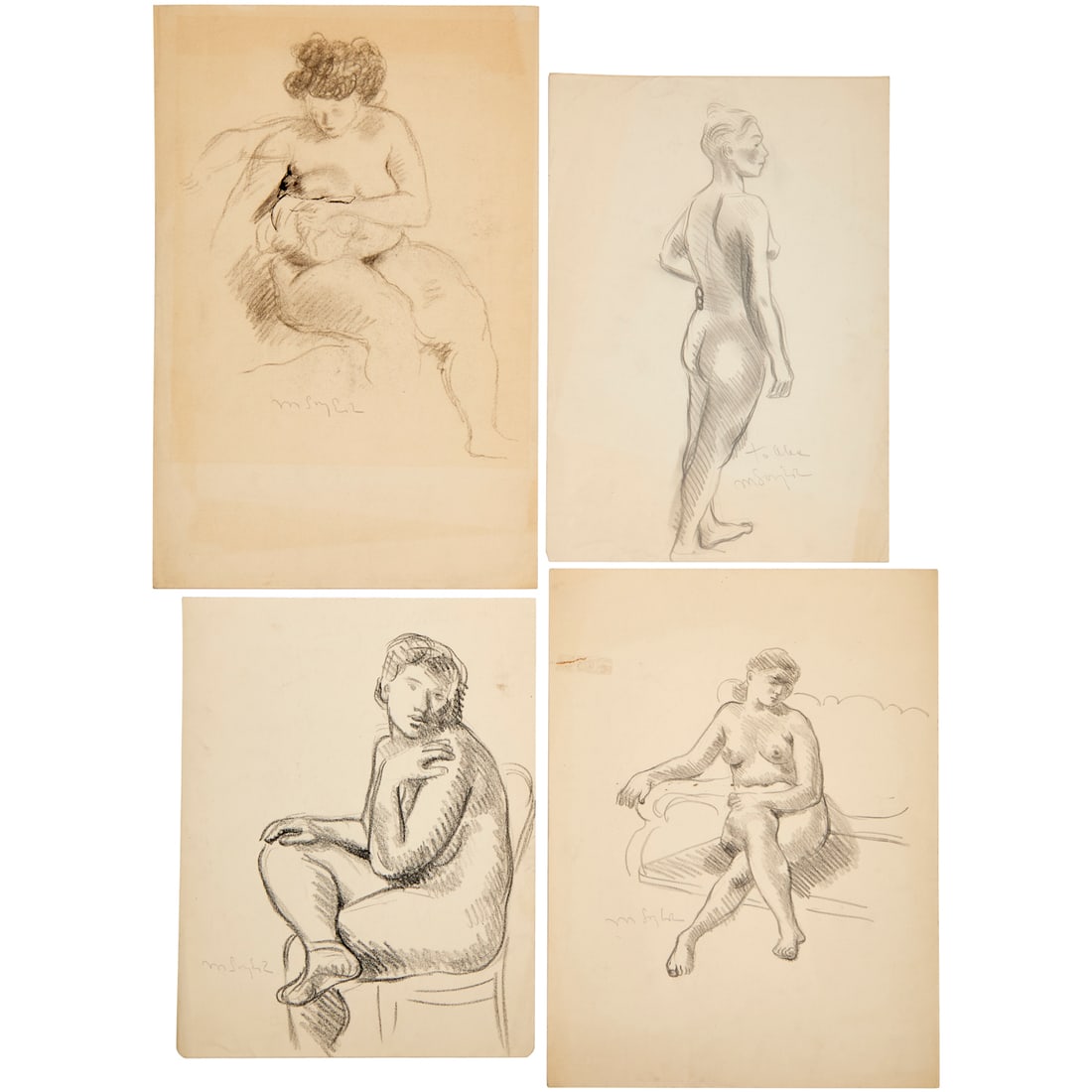 Moses Soyer, (4) drawings: Moses Soyer, (4) drawings, Moses Soyer (Russian-American, 1899-1974), Female Figures, graphite and charcoal on paper, each signed "M Soyer", loose and unframed, 18"h x 12"w (largest), 14"h x 11"w (sma