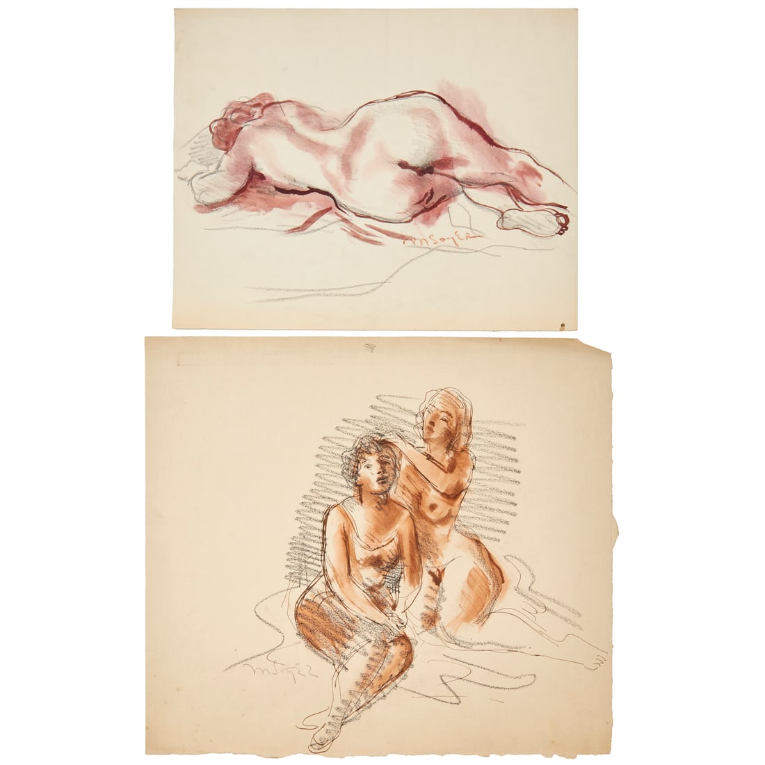 Moses Soyer, (2) charcoal and watercolor drawings (1 of 9)