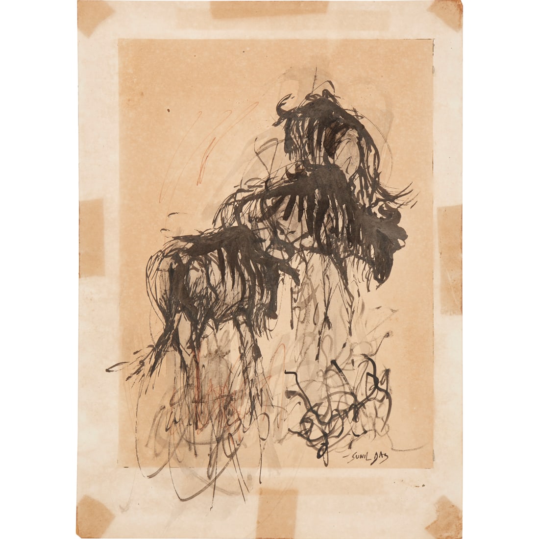 Sunil Das, ink and wash on paper: Sunil Das, ink and wash on paper, Sunil Das (Indian, 1939-2015), Sketch of bulls, ink with charcoal and brown pencil, signed lower right, loose and unframed, 14"h x 10"w (sheet)