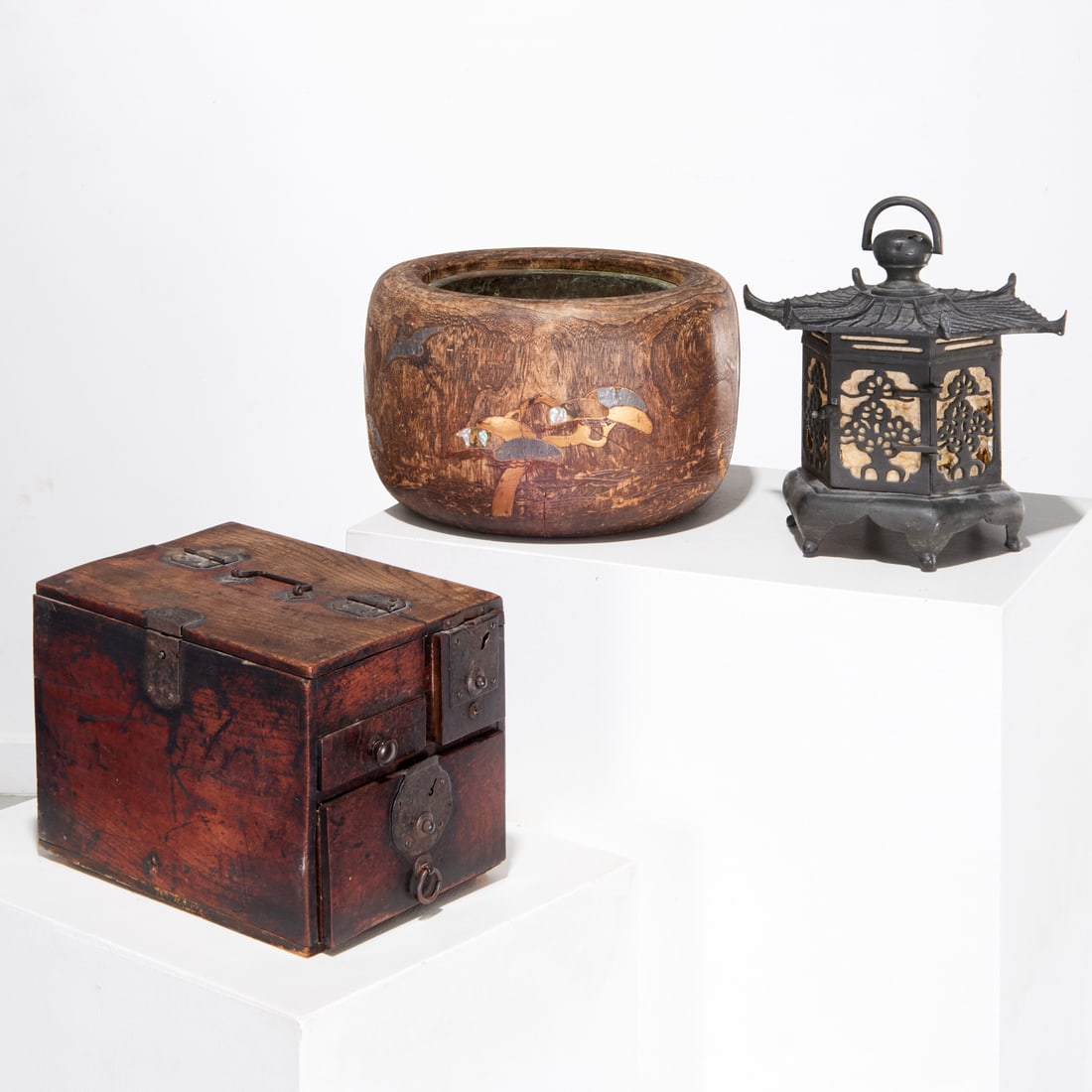 Group antique Japanese decorative objects: Group antique Japanese decorative objects, 19th/20th c., (3) pieces, incl. an inlaid wood hibachi, metal liner, reticulated patinated metal hanging lantern, wooden suzuri bako tabletop tansu, 9"h x 13