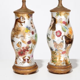 Pair John Derian style reverse decorated lamps