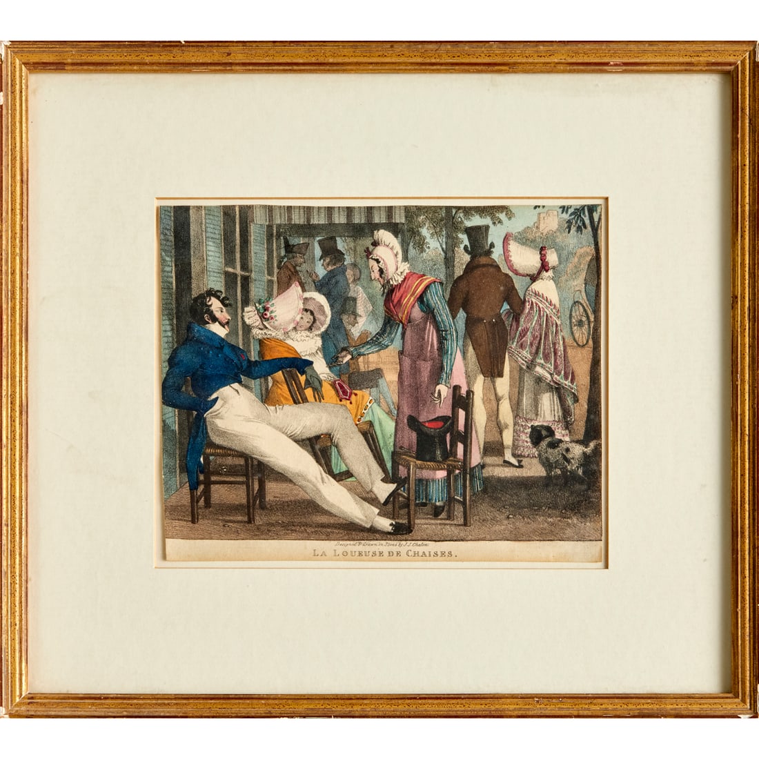 John James Chalon, hand-colored lithograph: John James Chalon, hand-colored lithograph, John James Chalon (Swiss, 1778-1854), "La Loueusede de Chaises", lithograph with hand-coloring on paper, matted and framed under glass, 6.75"h x 8.25"w (she