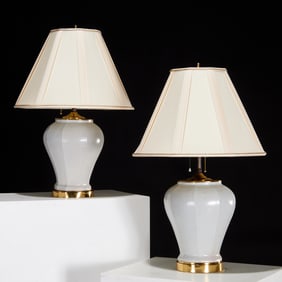 Pair monochrome white ceramic lamps