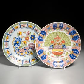 (2) antique Dutch polychrome delftware chargers