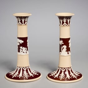 Pair Copeland tricolor jasperware candlesticks