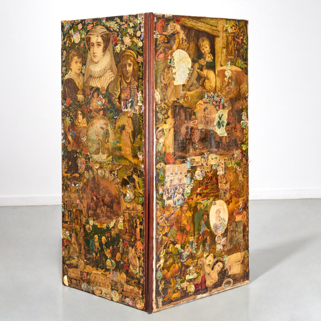 Victoriana decalcomania floor screen: Victoriana decalcomania floor screen, 19th/20th c., two panels, wood framed canvas or linen, 65.5"h x 28.75"w (each panel) Provenance: An Important Private Collection: Southampton, NY