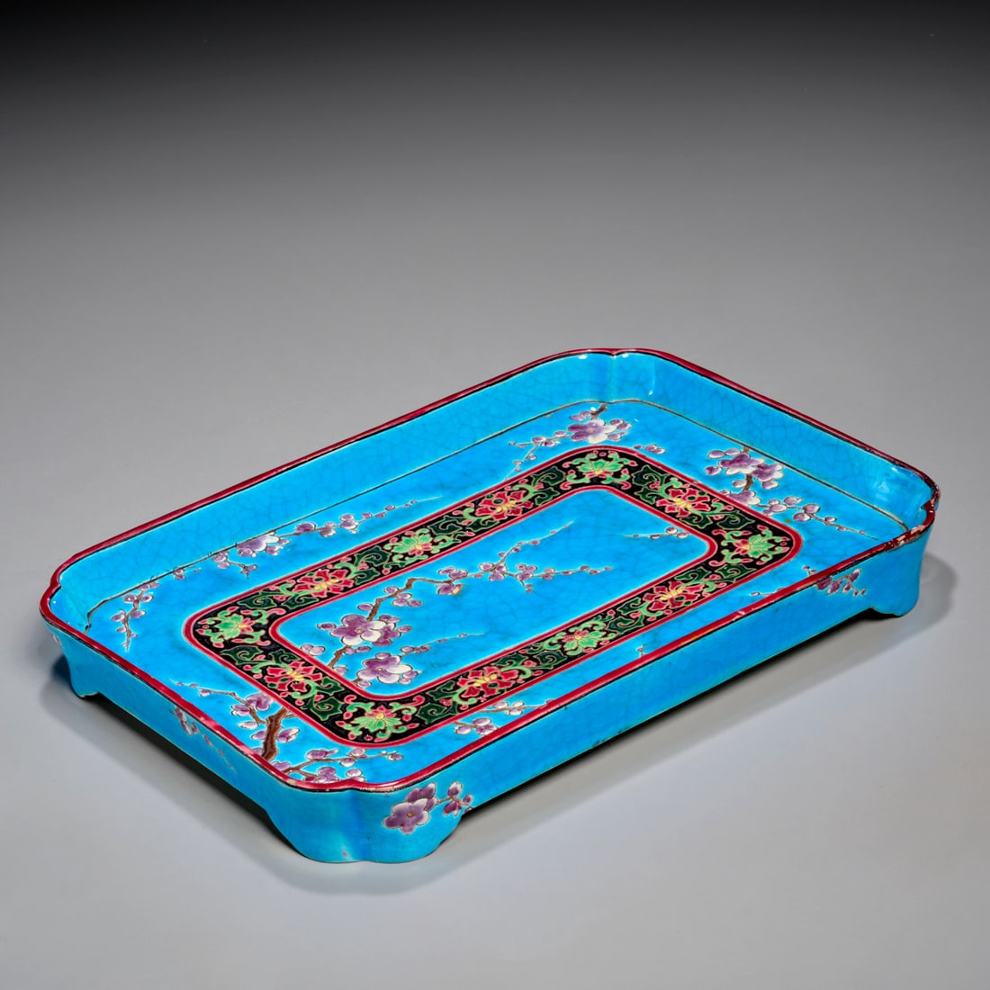 Jules Vieillard, enameled faience tray: Jules Vieillard, enameled faience tray, 19th c., France, Asian style cherry blossom branch decoration on turquoise ground, stamped "J. Veillard, Bordeaux", 1.5"h x 12.5"l x 9"w Provenance: An Importan