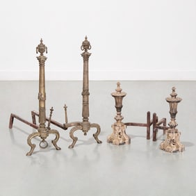 (2) Pairs antique silvered plated brass andirons