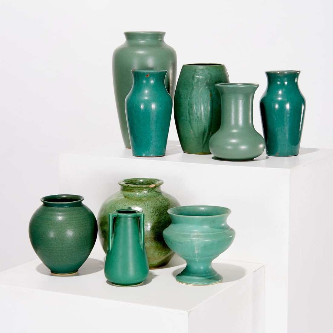 Collection (9) Arts & Crafts green pottery vases (1 of 8)