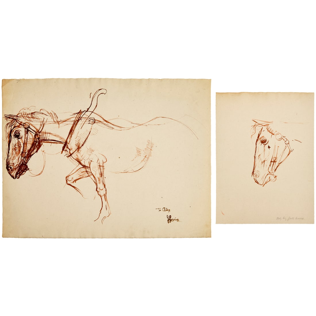 Jack Levine, (2) ink on paper drawings: Jack Levine, (2) ink on paper drawings, Jack Levine (American, 1915-2010), Draft horse, brown ink on J. Green & Son wove paper, inscribed to Alex (Dobnick) and signed "JLevine", loose and unframed, 22