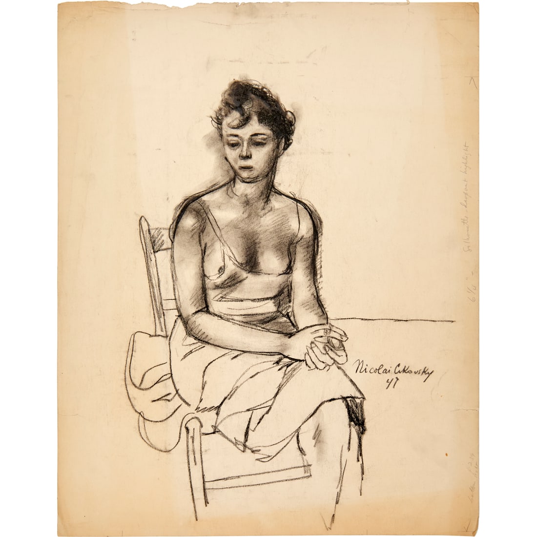 Nicolai Cikovsky, charcoal on paper, 1947: Nicolai Cikovsky, charcoal on paper, 1947, Nicolai Cikovsky (American, 1894-1987), Untitled Portrait of a Woman, signed and dated lower right, loose and unframed, 24"h x 18.75"w (sheet) Provenance: Th