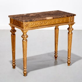 Louis XVI style marble top giltwood console table