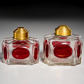 Pair Russian glass and brass jars