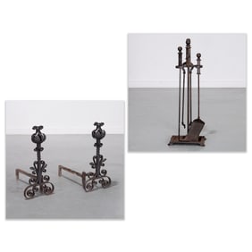 Arts & Crafts style fire tool set and andirons