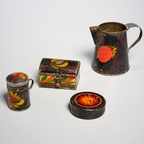 Antique tin toleware and lacquerware miniatures