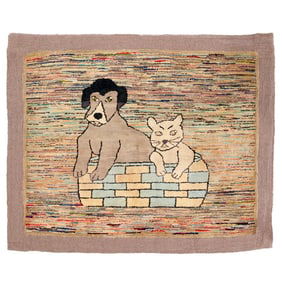 American Folk Art cat & dog hooked rug