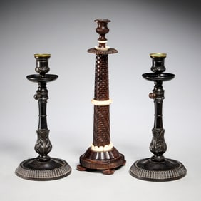(3) Anglo-Indian ebonized carved wood candlesticks