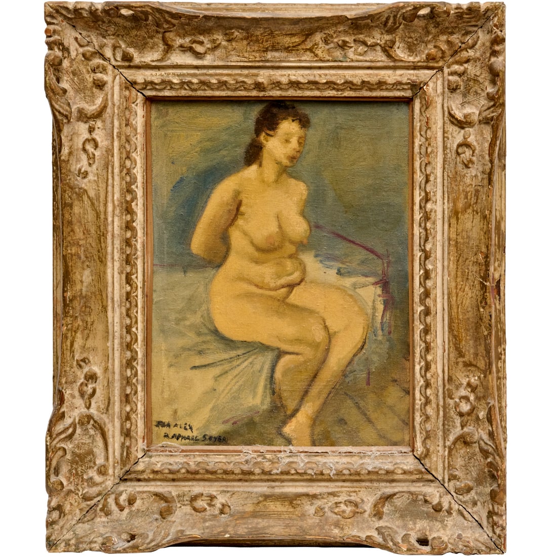 Raphael Soyer, oil on canvas board: Raphael Soyer, oil on canvas board, Raphael Soyer (Russian-American, 1899-1987), Portrait of a Seated Nude Female, signed and inscribed "For Alex, Raphael Soyer" at lower left, 11.5"h x 8.5"w (sight),