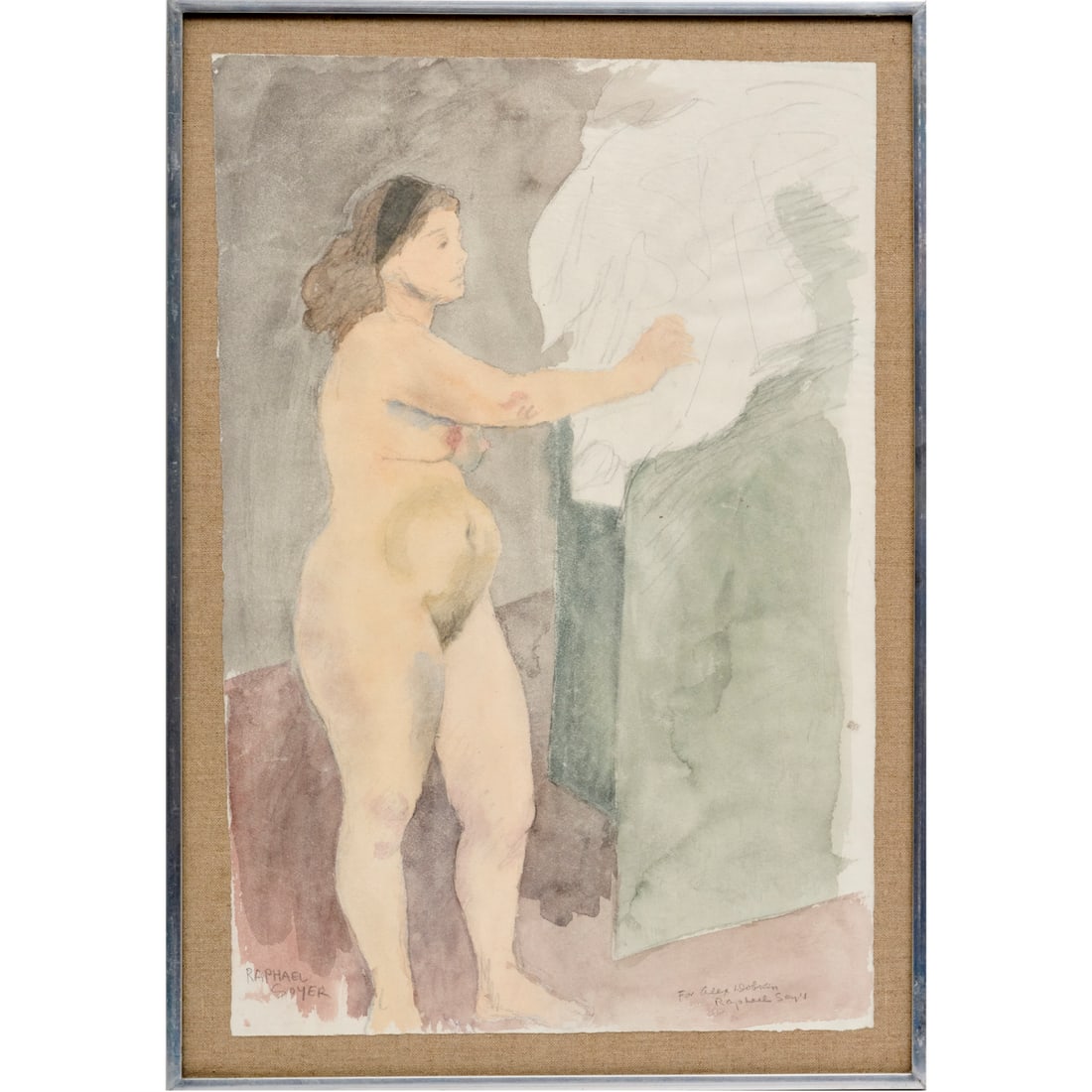 Raphael Soyer, watercolor on paper: Raphael Soyer, watercolor on paper, Raphael Soyer (Russian-American, 1899-1987), Portrait of a Nude Female, signed "Raphael Soyer" at lower left, inscribed "For Alex Dobkin, Raphael Soyer" at lower ri