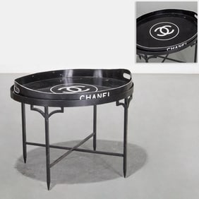 Chanel logo tole peinte tray on table base