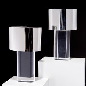 Karl Springer, pair lucite and steel table lamps