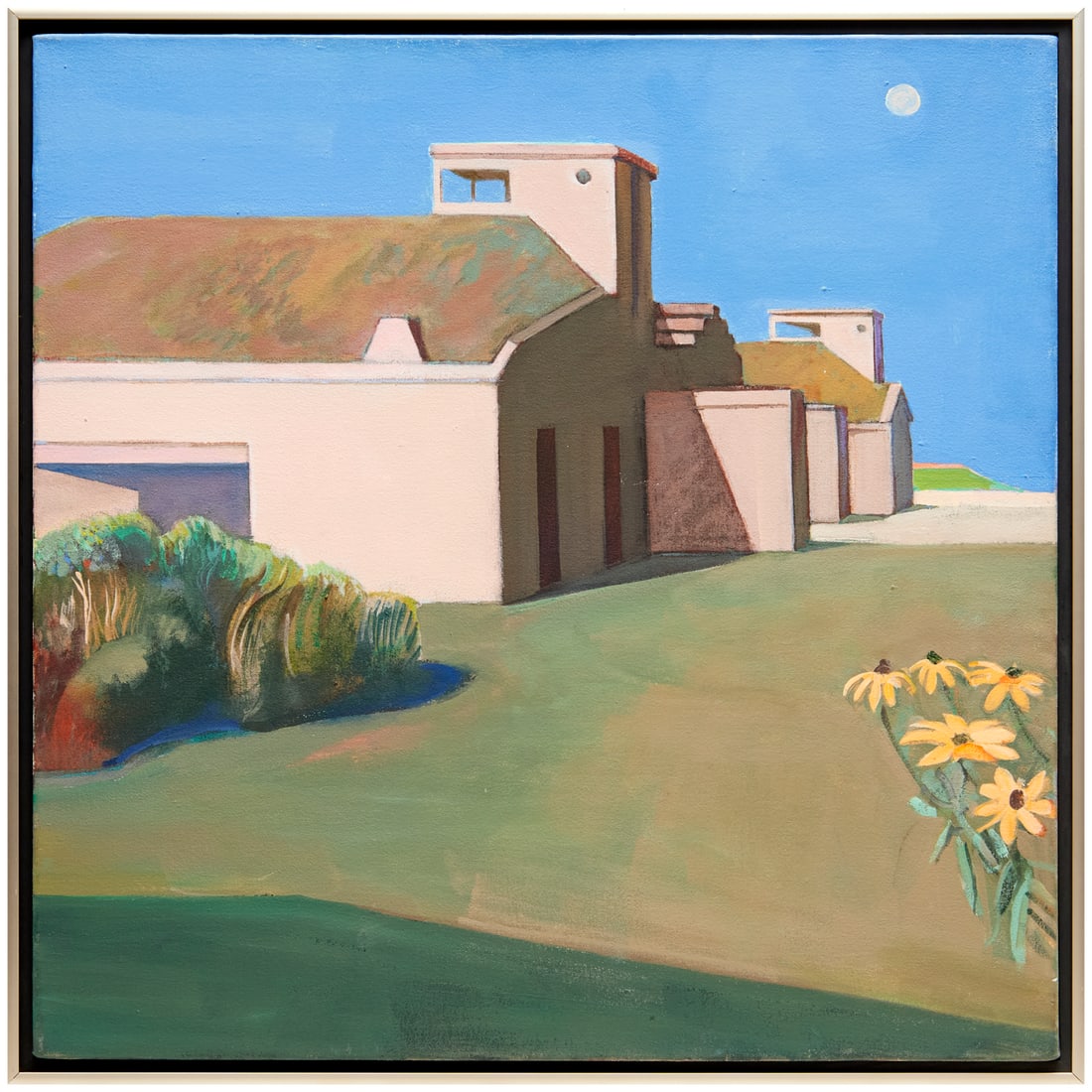 Theophilus Brown, acrylic on canvas, 1983: Theophilus Brown, acrylic on canvas, 1983, William Theophilus Brown (American, 1919-2012), Untitled (Building Exterior), signed and dated verso, 24"squ (canvas), 25.25"squ (frame) Provenance: The priv