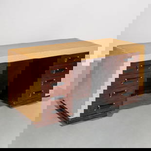 Paul Frankl for Johnson Furniture Co. desk: Paul Frankl for Johnson Furniture Co. desk, 1940s, USA, double-pedestal desk, painted cork, stained and lacquered mahogany, brass, eight drawers, finished back, mark interior drawer, 28.5"h x 60"w x 2