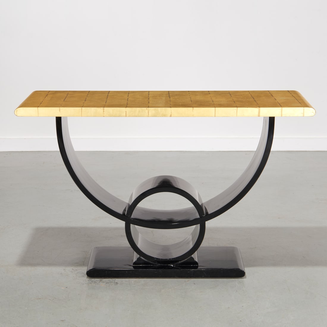 Jay Spectre, gold leaf top console table: Jay Spectre, gold leaf top console table, c. 1980, USA, for Century Furniture, unmarked, 30"h x 48"w x 18"d