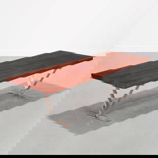 Georg Thams, rosewood and steel coffee table: Georg Thams, rosewood and steel coffee table, c. 1965, Denmark, label underside, 18.5"h x 67"w x 23.5"d