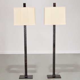 Roman Thomas, pair patinated iron floor lamps