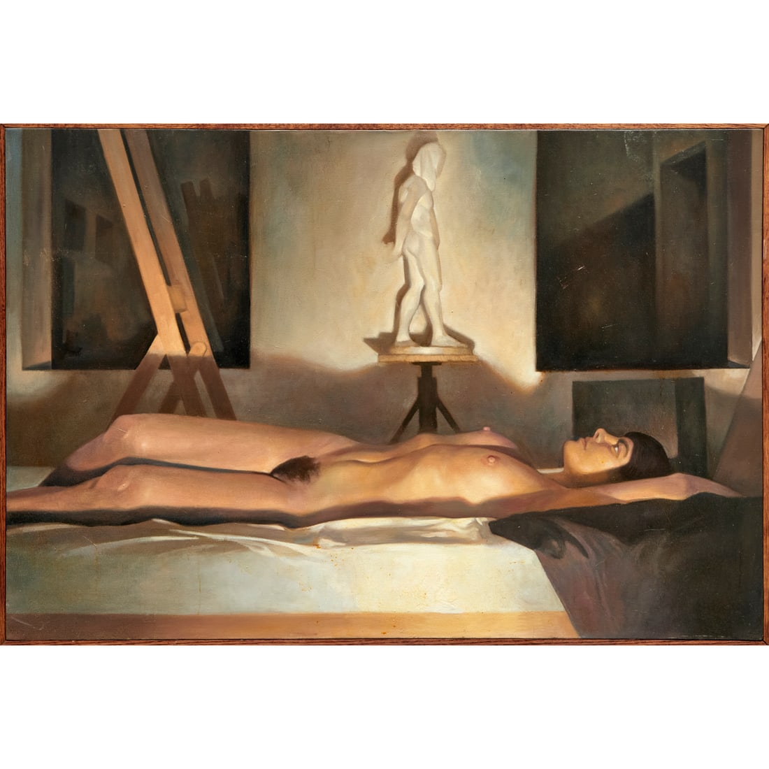 Contemporary School, large oil on canvas: Contemporary School, large oil on canvas, Contemporary School (American, 20th c.), Untitled (Reclining Nude in Artist Studio), unsigned, 37.5"h x 58"w (sight), 39"h x 57"w (frame)