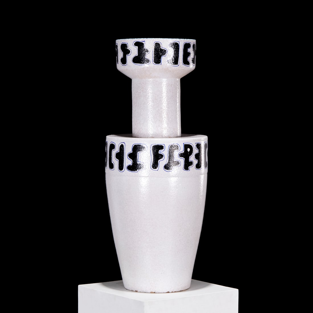 Raymor, large ceramic floor vase: Raymor, large ceramic floor vase, c. 1960s, Italy, likely Bitossi, glazed ceramic, with modernist glyph banded decoration, green glazed interior, sighed "R.M., Italy" and labeled "Raymor" to underside