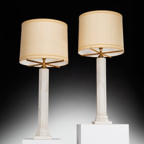 Pair large Mid-Century marble column lamps