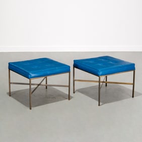 Paul McCobb, pair brass upholstered stools