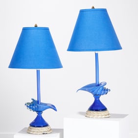 Pair Large Murano glass blue conch shell lamps