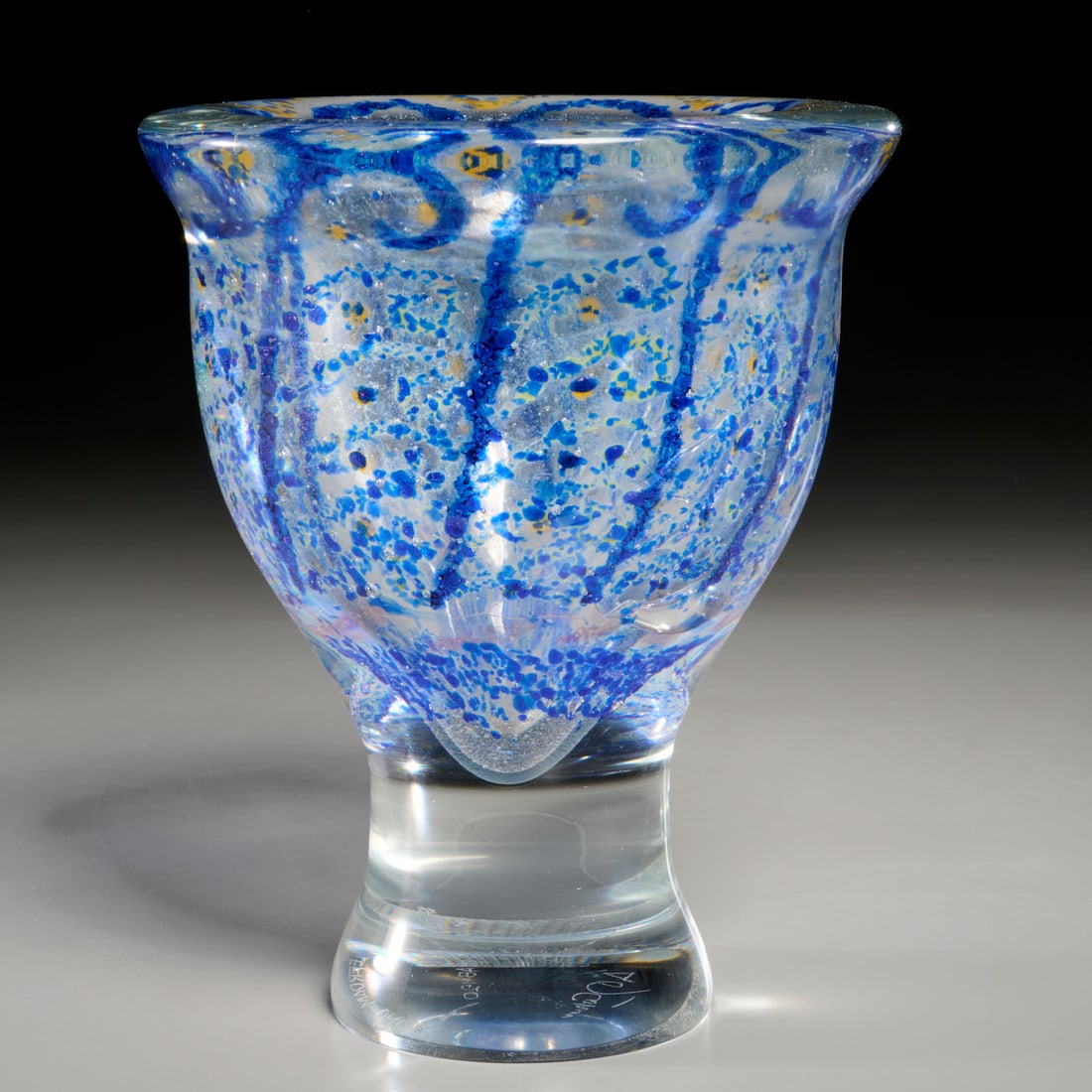 Andries Dirk Copier for Leerdam, glass vase: Andries Dirk Copier for Leerdam, glass vase, 1949, Netherlands, footed "Unica" bowl, clear and blue glass, marked underside, 8"h x 6.75"dia