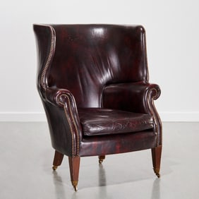 Edwardian leather barrel back wing chair