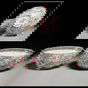 Pair Chinese millefiori porcelain bowls, ex museum: Pair Chinese millefiori porcelain bowls, ex museum, Republic Period, eggshell porcelain with overglaze enamel floral design, grisaille dragon at center bottom, gilded rim, red Qianlong seal mark to