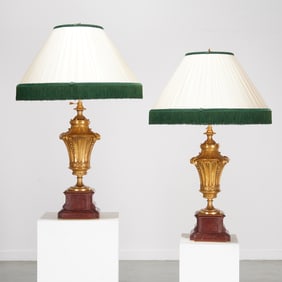 Pair E.F. Caldwell (attrib.) bronze, marble lamps