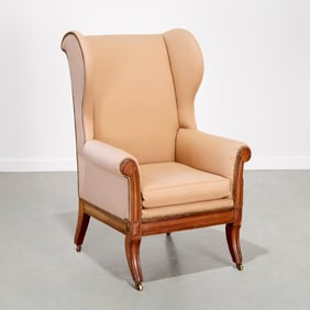 George IV upholstered walnut wing chair