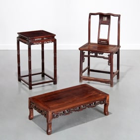 Group antique Chinese carved hardwood furniture