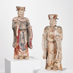 Pair large Japanese wood officials, ex Christie's